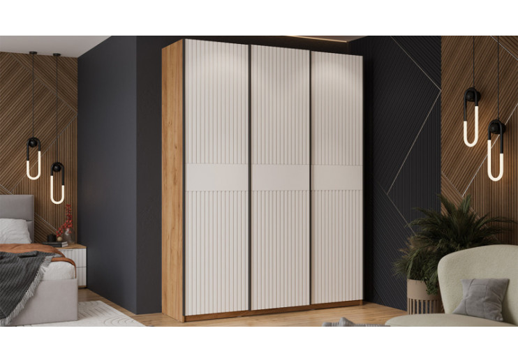 Шкаф-купе с 3 глухими дверями «Оскар Хилтон» Ручка черная, Дуб Крафт золотой, Белый матовый