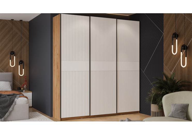 Шкаф-купе с 3 глухими дверями «Оскар Хилтон» Ручка черная, Дуб Крафт золотой, Белый матовый