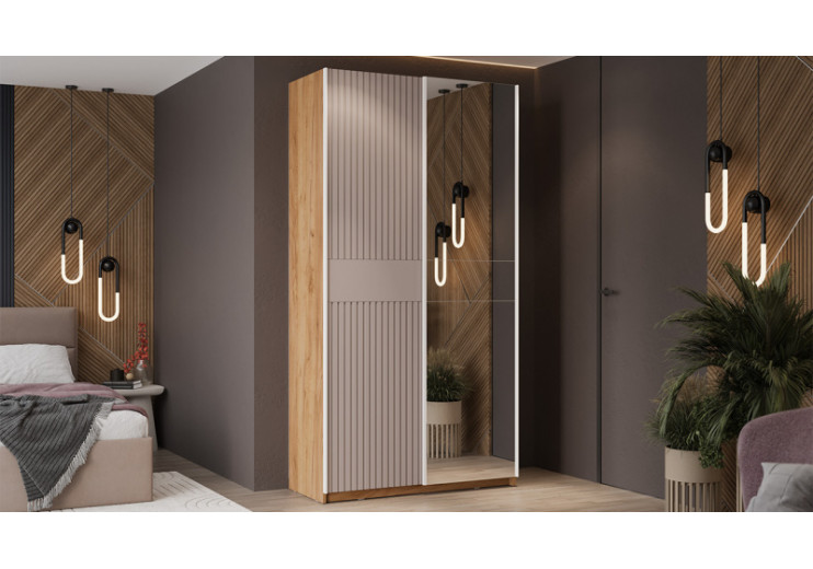 Шкаф-купе с 1 глухой и 1 зеркальной дверями «Оскар Хилтон» Ручка белая, Дуб Крафт золотой, Кашемир сатин