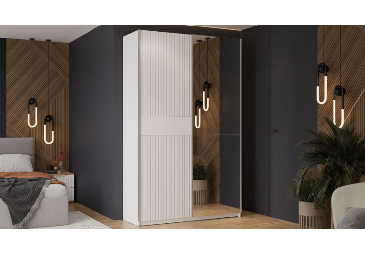 Шкаф-купе с 1 глухой и 1 зеркальной дверями «Оскар Хилтон» Ручка серебро, Белый снег, Белый матовый