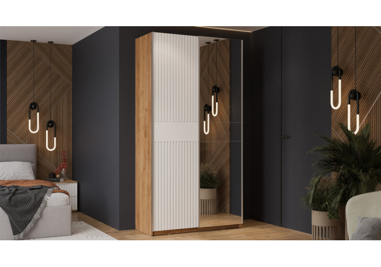 Шкаф-купе с 1 глухой и 1 зеркальной дверями «Оскар Хилтон» Ручка серебро, Дуб Крафт золотой, Белый матовый
