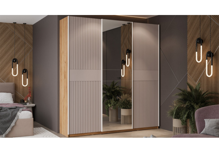 Шкаф-купе с 2 глухими и 1 зеркальной дверями «Оскар Хилтон» Ручка белая, Дуб Крафт золотой, Кашемир, Кашемир сатин