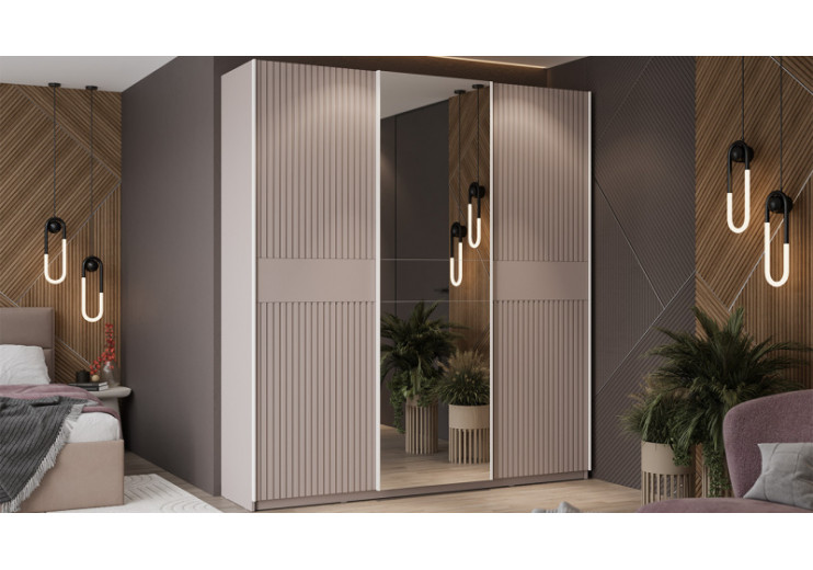 Шкаф-купе с 2 глухими и 1 зеркальной дверями «Оскар Хилтон» Ручка белая, Кашемир, Кашемир сатин