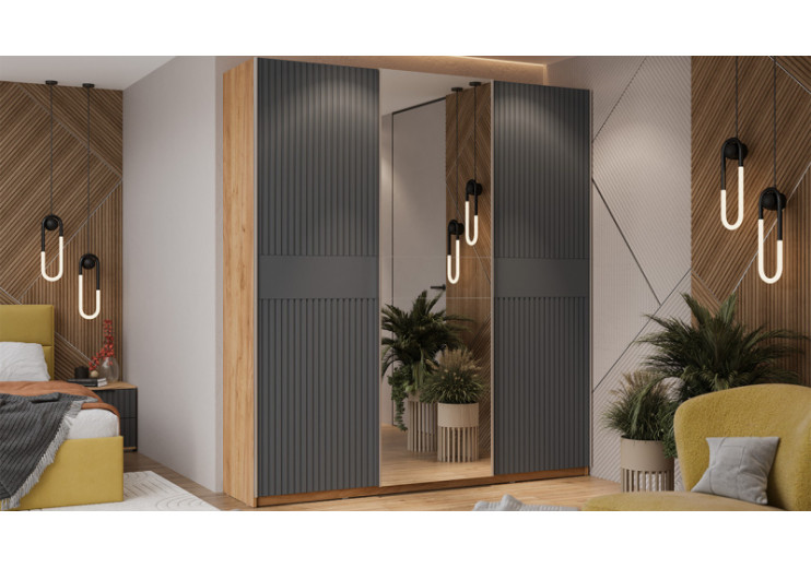 Шкаф-купе с 2 глухими и 1 зеркальной дверями «Оскар Хилтон» Ручка серебро, Дуб Крафт золотой, Графит матовый