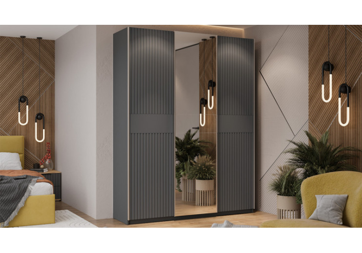 Шкаф-купе с 2 глухими и 1 зеркальной дверями «Оскар Хилтон» Ручка серебро, Серый графит, Графит матовый