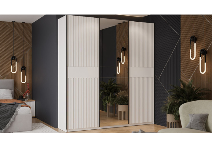 Шкаф-купе с 2 глухими и 1 зеркальной дверями «Оскар Хилтон» Ручка черная, Белый снег, Белый матовый