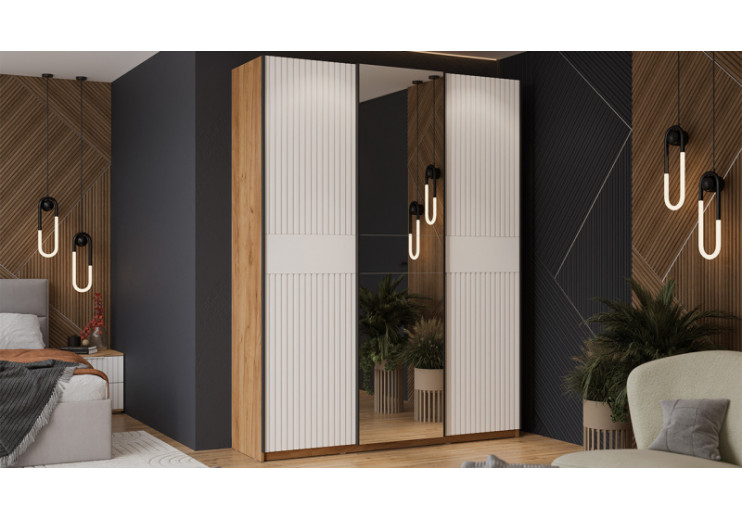 Шкаф-купе с 2 глухими и 1 зеркальной дверями «Оскар Хилтон» Ручка черная, Дуб Крафт золотой, Белый матовый