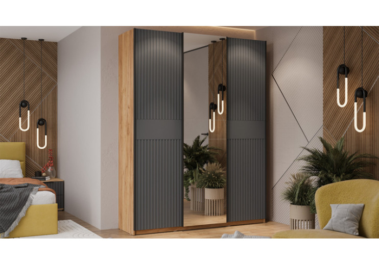 Шкаф-купе с 2 глухими и 1 зеркальной дверями «Оскар Хилтон» Ручка черная, Дуб Крафт золотой, Графит матовый