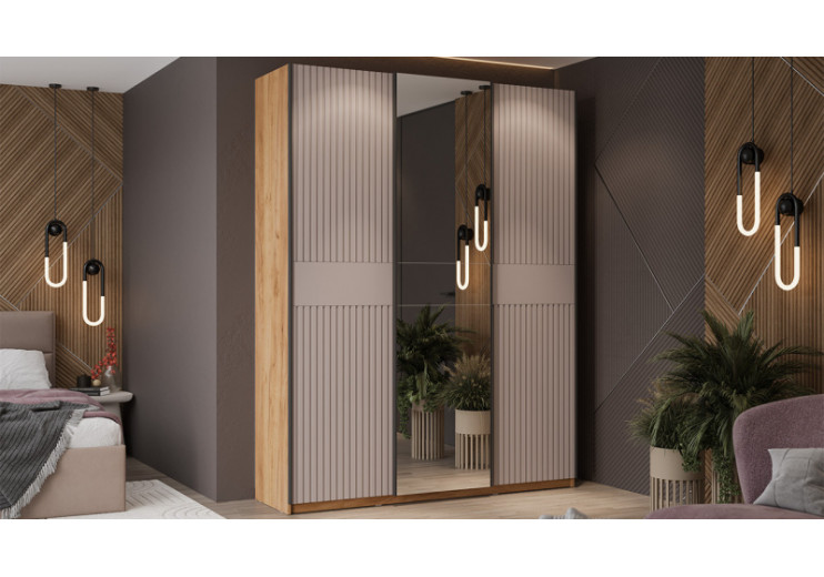 Шкаф-купе с 2 глухими и 1 зеркальной дверями «Оскар Хилтон» Ручка черная, Дуб Крафт золотой, Кашемир, Кашемир сатин