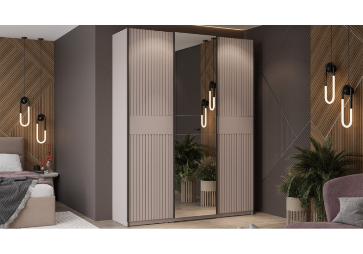 Шкаф-купе с 2 глухими и 1 зеркальной дверями «Оскар Хилтон» Ручка черная, Кашемир, Кашемир сатин