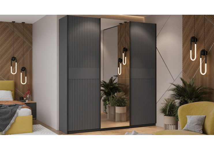 Шкаф-купе с 2 глухими и 1 зеркальной дверями «Оскар Хилтон» Ручка черная, Серый графит, Графит матовый