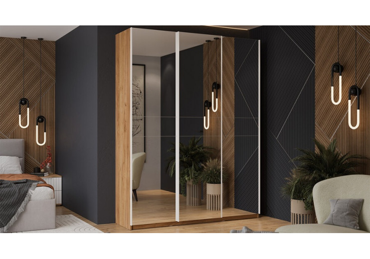 Шкаф-купе с 3 зеркальными дверями «Оскар» Ручка белая, Дуб Крафт золотой