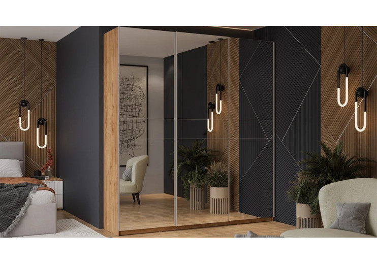 Шкаф-купе с 3 зеркальными дверями «Оскар» Ручка серебро, Дуб Крафт золотой