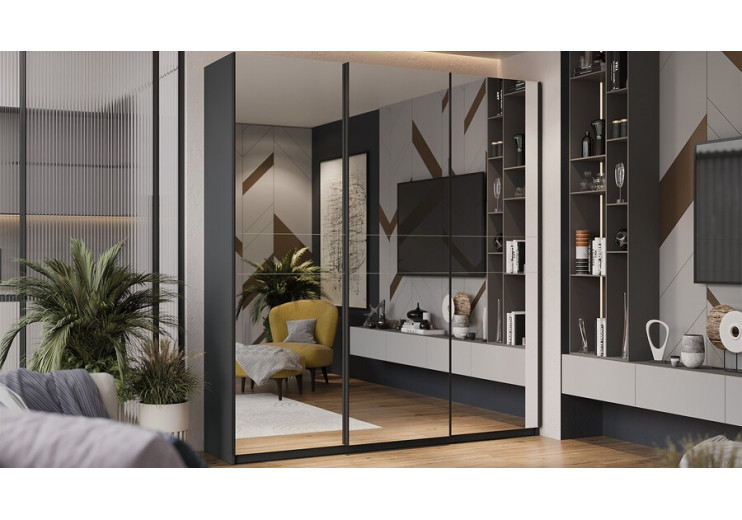 Шкаф-купе с 3 зеркальными дверями «Оскар» Ручка черная, Серый графит