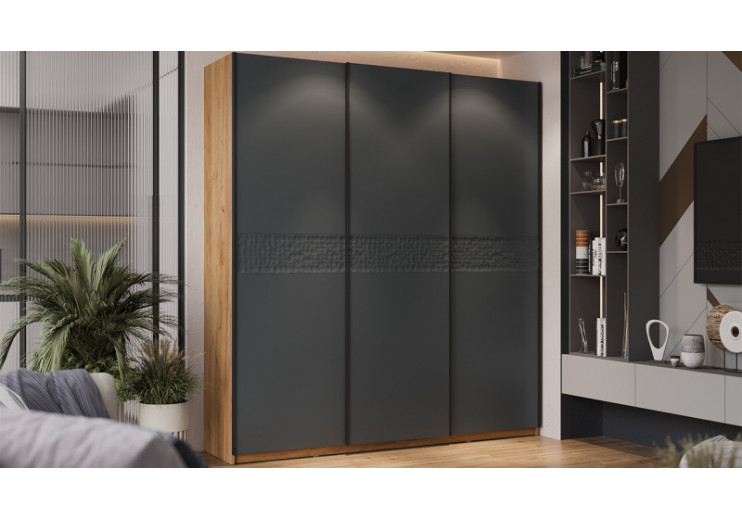 Шкаф-купе с 3 глухими дверями «Оскар Скания» Ручка черная, Дуб Крафт золотой, Серый графит, Графит матовый