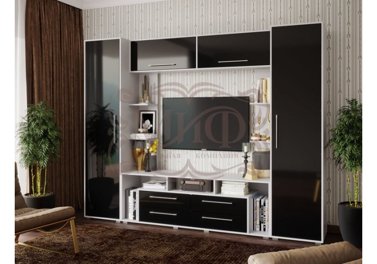 СТЕНКА ДЛЯ ГОСТИНОЙ ГАРМОНИЯ (ЧЕРНЫЙ ГЛЯНЕЦ, БЕЛЫЙ)